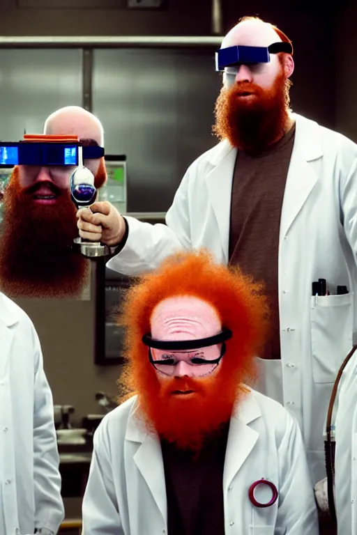 Image similar to a person with 3 eyes, person with a 3rd eye in the middle of their forehead, an awkwardly tall scientist with 3 eyes and a tangled beard and unruly red hair atop his balding head wearing a labcoat and welding goggles and holding a beaker, high resolution film still, movie by Ivan Reitman