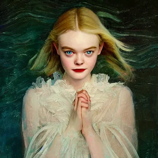 Prompt: Elle Fanning at night, stormy weather, extremely detailed masterpiece, oil on canvas, Roger Deakin’s cinematography, by Norman Rockwell and Peter Reubens,