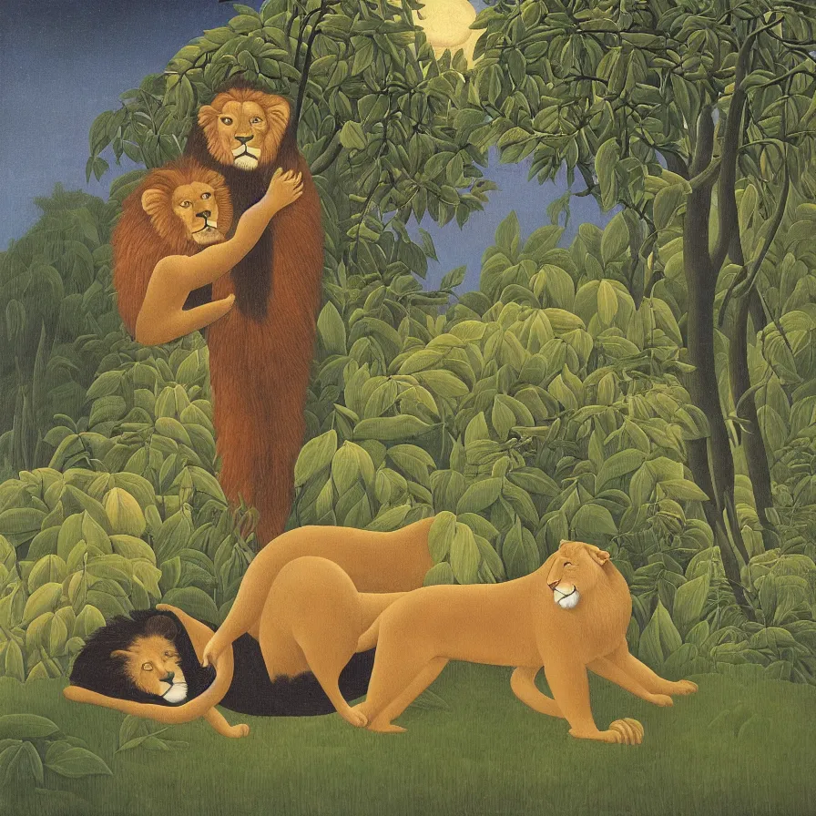 Image similar to in the style of henri rousseau, a lion standing behind a sleeping man dressed in a stripe rope. In the background is a mountain range. It is night and a full moon can be see on the right hand side. a Mandolin is laying in front of the sleeping man