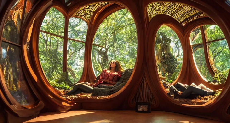 Image similar to A scene from a 2022 Marvel film featuring a cozy art nouveau reading nook in a fantasy treehouse. 8K UHD.