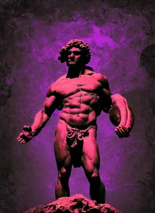 Image similar to black background with subtle red and purple design elements, statue of hercules, nekro, graphic design, collage art, thin lines, dark, glitch art, neo vaporwave, gritty, layout frame, square, trending on artstation