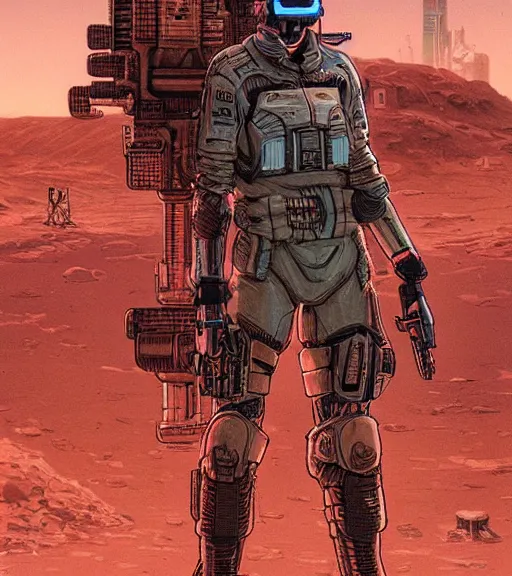 Image similar to a cyberpunk soldier with tactical gear and a rifle patrols a neon city on mars, Industrial Scifi, detailed illustration, character portrait, by Martin Grip and Moebius