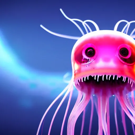 Image similar to a beautiful extreme wide photograph of a super cute jellyfish monster with huge sad eyes and sharp fangs in a wide open mouth, highly detailed, smooth, very very clean, 8 k, cinematic movie photograph, cinematic lighting, octane render, zbrush central contest winner, 3 d maya render
