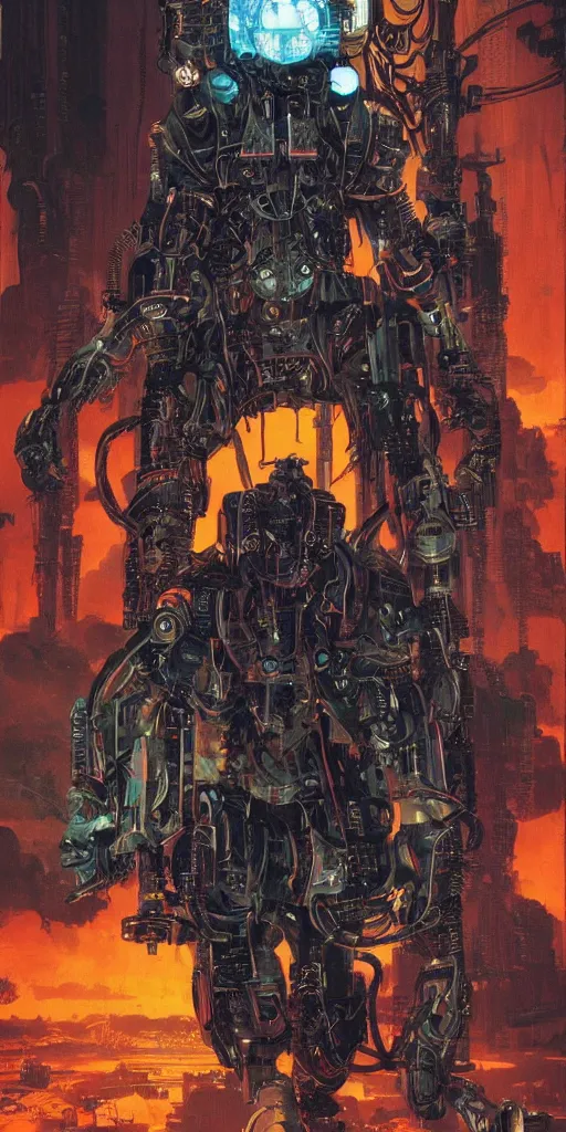 Image similar to a epic bishop in cyberpunk powered suit, super complex and instruct, epic stunning atmosphere, hi - tech synthetic rna bioweapon nanotech demonic monster horror by syd mead, michael whelan, jean leon gerome, junji ito