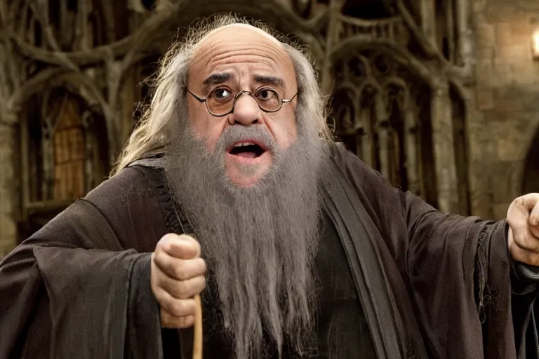 Image similar to film still of Danny DeVito as Albus Dumbledore in Harry Potter