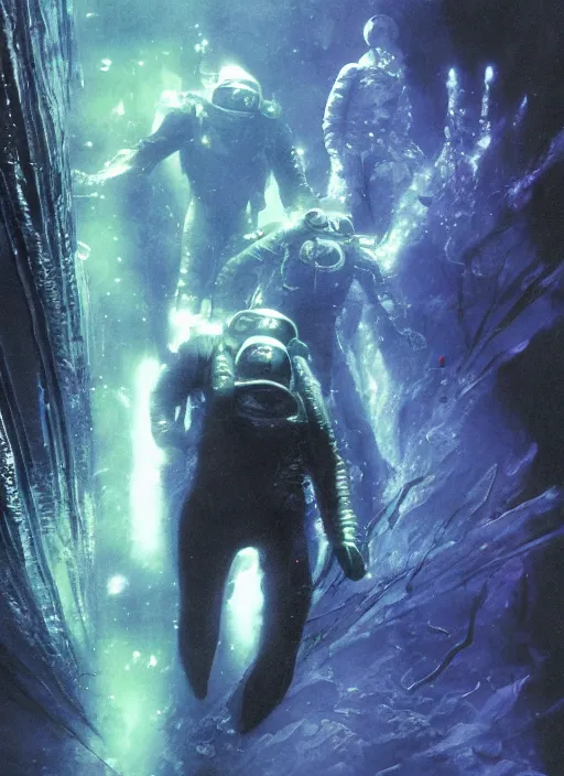 Image similar to astronauts in dark void underwater - complex and hyperdetailed technical suit. reflection and dispersion materials. rays and dispersion of light. volumetric light. f / 3 2. noise film photo. flash photography. ultra realistic, wide angle. poster by wayne barlowe, hajime sorayama aaron horkey, craig mullins