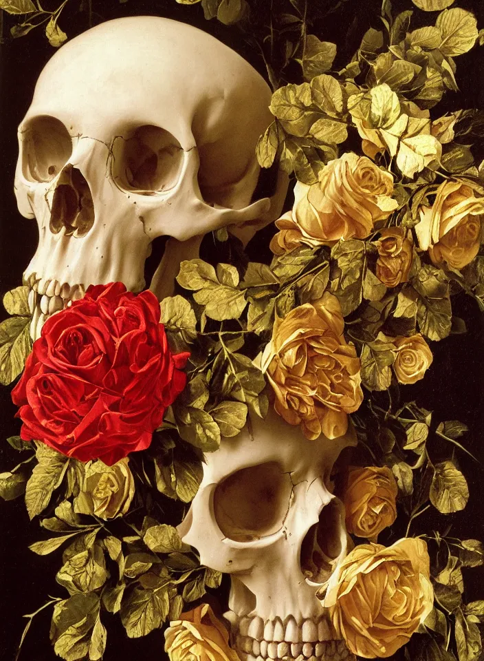 Image similar to portrait of a marble skull with a wreath of gold roses and a dress of gold rose petals in the hall of ossuary , oil painting in a renaissance style , very detailed, painted by Caravaggio.