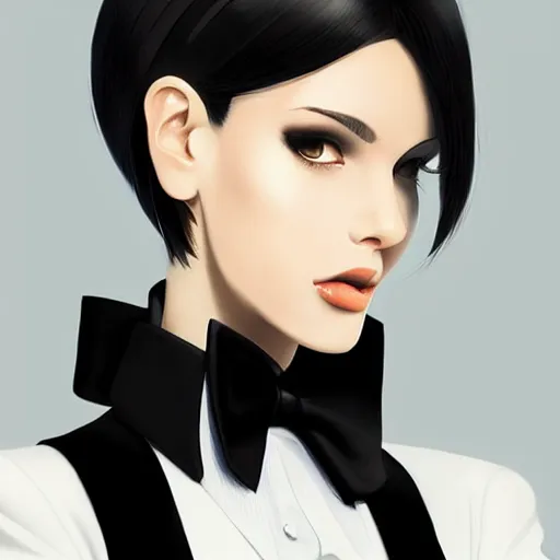 Image similar to slim cruel business girl in tuxedo with black bob hair, elegant, 2d, ultra highly detailed, digital painting, smooth, sharp focus, artstation, art by Ilya Kuvshinov