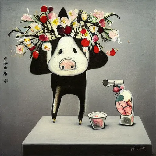 Image similar to “pig paintings and pig sculptures in a pig art gallery, pork, ikebana white flowers, white wax, squashed berries, acrylic and spray paint and oilstick on canvas, by munch and Dali”