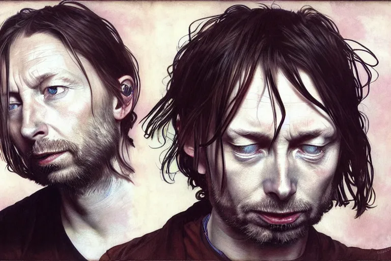 Image similar to hyper realistic portrait of thom yorke singer songwriter, side, liminal space, by lee bermejo, alphonse mucha and greg rutkowski mixed with kurt cobain