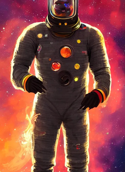 Prompt: handsome african-american man in an advanced spacesuit floating in front of exploding nebulae, digital illustration trending on artstation by artgerm and rutkowski