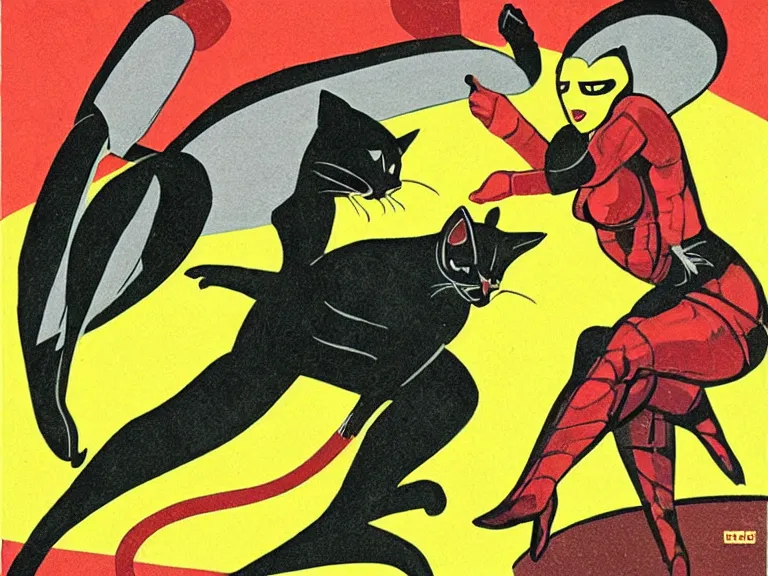 Prompt: a superhero cat fighting a wasp in an art deco style
