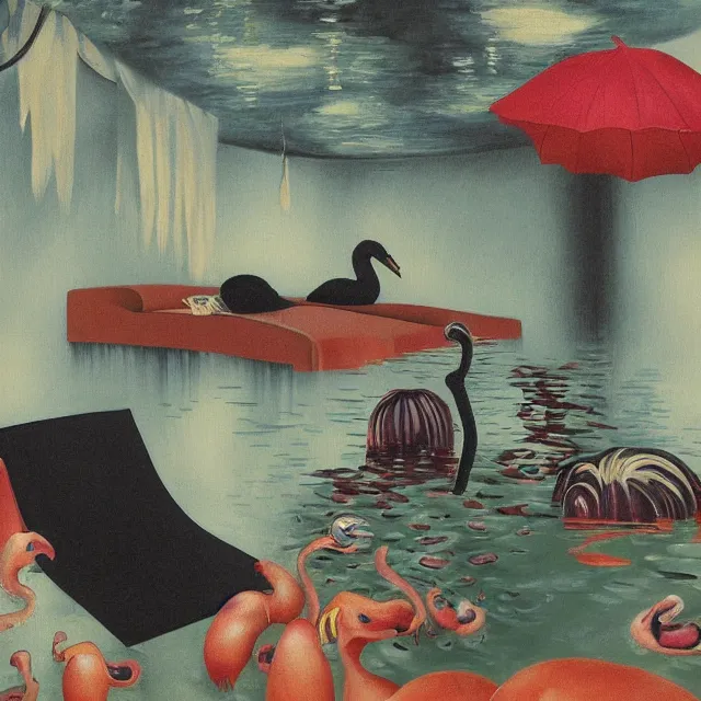 Prompt: emo artist in her flooded lounge room, painting of flood waters inside an artist's loungeroom, a river flooding indoors, pomegranates, pigs, ikebana, zen, water, octopus, river, rapids, waterfall, black swans, canoe, berries, acrylic on canvas, surrealist, by magritte and monet