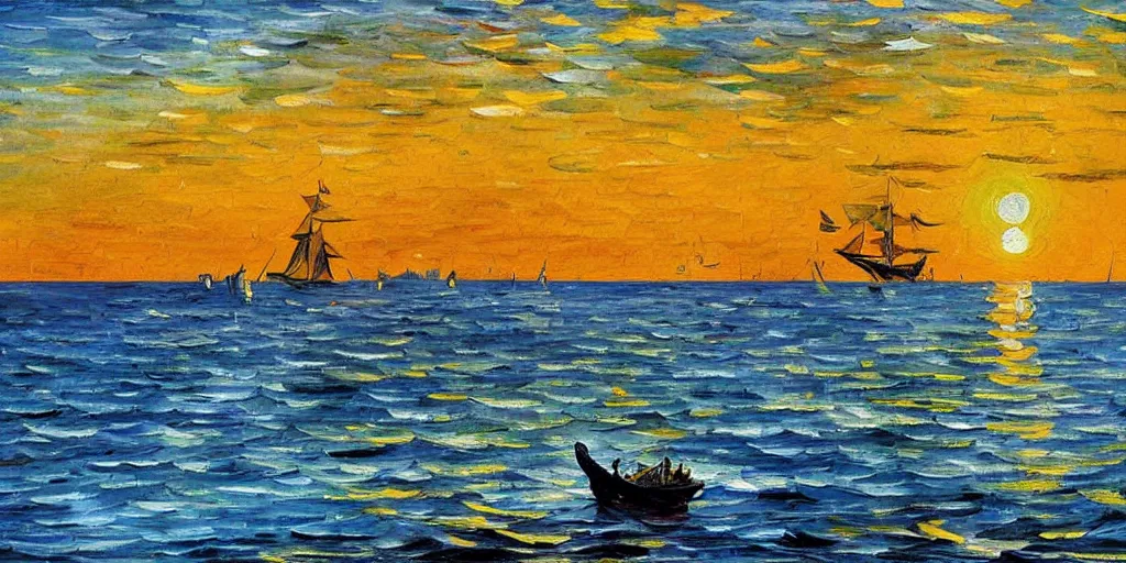 Image similar to rising sun ( ( ( fishing cormorant, fishing boat ) ) ) on the naples bay, by leonid afremov and van gogh and moebius, sharp details