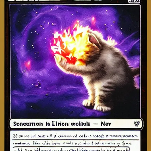 Prompt: a magic the gathering card of a kitten blowing up a planet