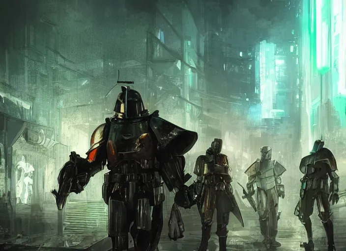 Prompt: a group of medieval cyberpunk knights in a scenic environment, armor inspired by blade runner and boba fett, cybernetic implants, beautiful digital art, action pose, epic lighting, epic composition, sharp focus