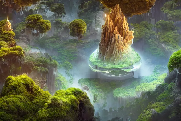 Image similar to highly advanced civilization living in hindu temple inspired space colonie, floating islands connected with roots, avatar like landscape, high - tech space cult with trees and plants and alien flowers, dramatic lighting, epic, octane render, volumetric light, unreal engine, artbreeder, 8 k, background, scene, digital, artwork, high quality, 8 k