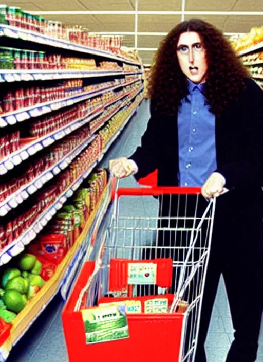 Image similar to weird al yankovic in a grocery store circa 1 9 9 7, ultra realistic