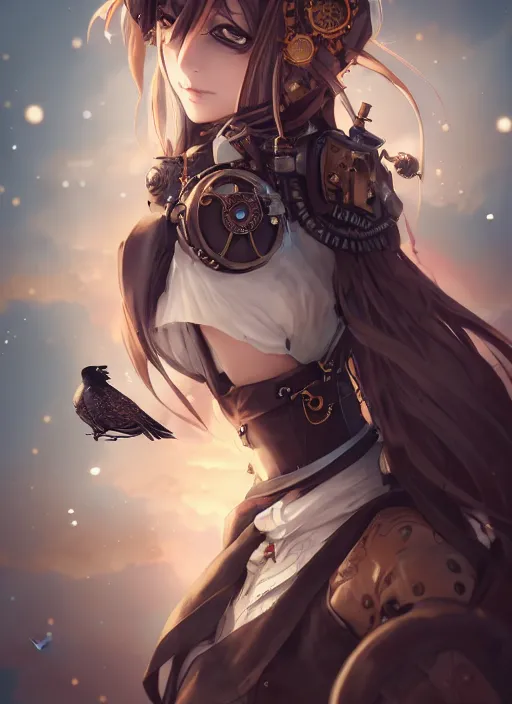 Image similar to steampunk themed anime girl with a steampunk robotic crow on her shoulder, finely detailed, portrait, beautiful, cinematic lighting, made by wlop, artgerm, illustration