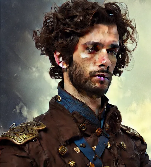 Prompt: portrait of a man with brown curly hair and deep brown eyes wearing a blue traditional 1 9 th century military jacket, metal shoulder pauldrons, intricate, highly detailed, digital painting, artstation, concept art, sharp focus, cinematic lighting, illustration, art by artgerm and greg rutkowski, alphonse mucha, cgsociety