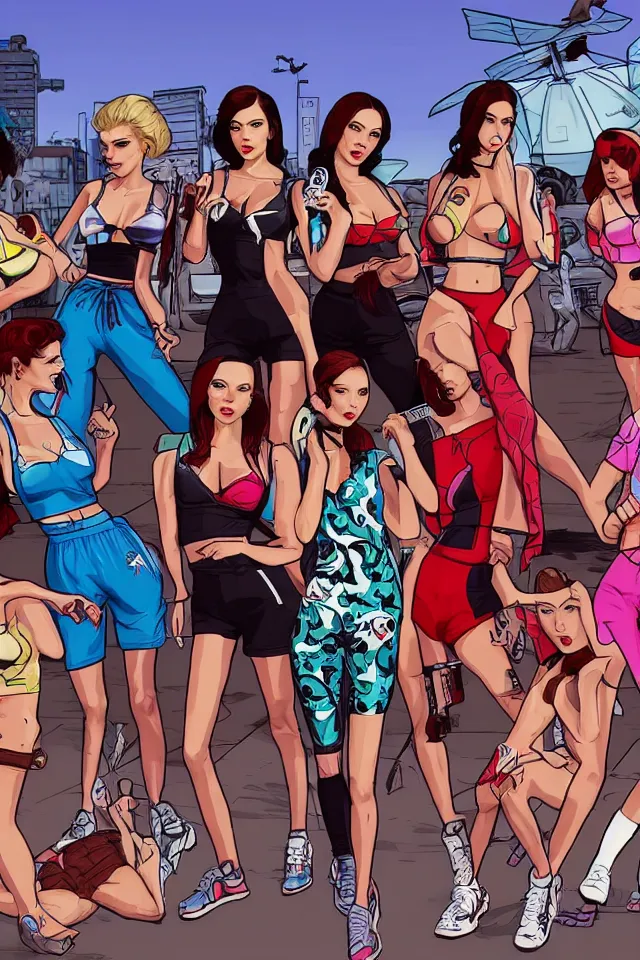 Image similar to A GTA 5 game loading screen featuring A Pterodactyl, La Llorona, a redhead Waifu, CHAPPIE in an Adidas track suit, a TVR Sagaris, and Playboy Bunnies from 1960