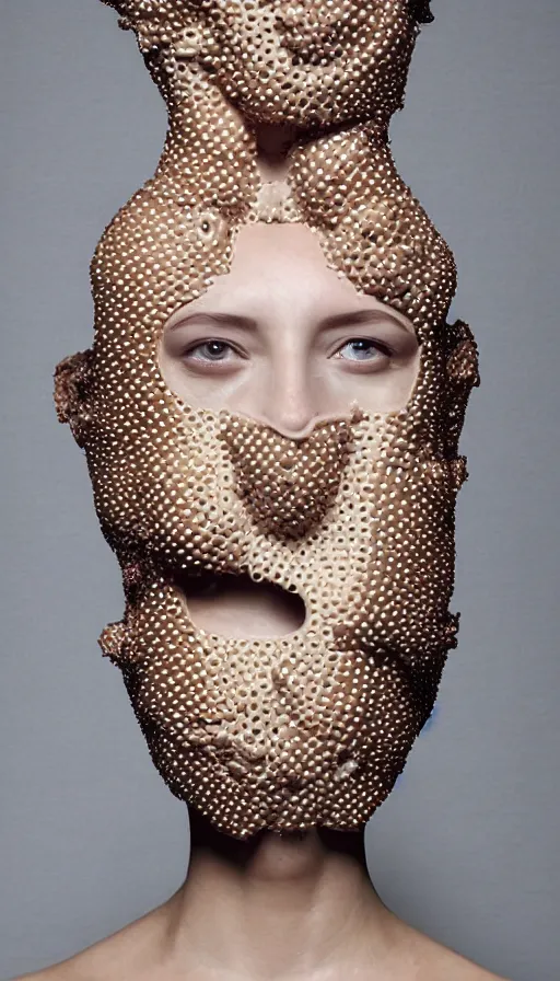 Prompt: a woman with a plastic mask on her face, a surrealist sculpture by alexander mcqueen, trending on pinterest, plasticien, trypophobia, biomorphic, made of plastic