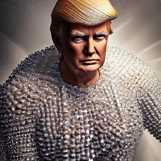 Prompt: donald trump full body detailed, ethereal, biomechanical, covered in diamonds and other gems glowing, highly detailed face, elegant posed, intricate, extremy detailed, beeple, cgsociety, 3 d unreal engine octane render. cinematic lighting, highly detailed 4 k art