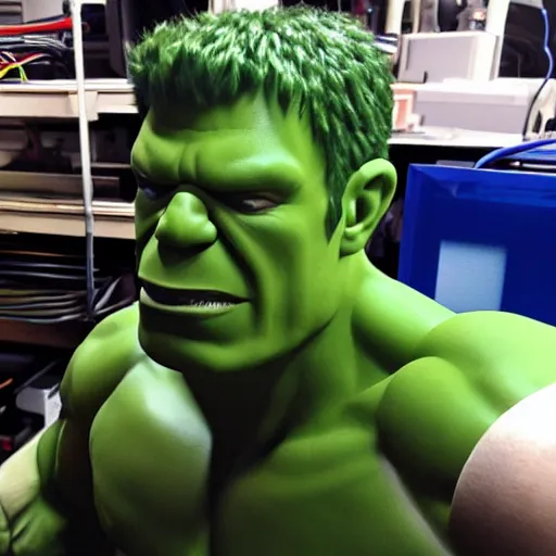 Prompt: the hulk tinkering with his new 3d printer