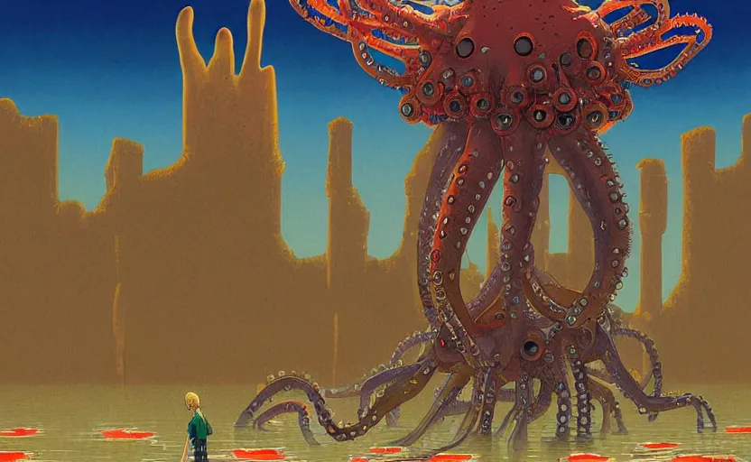 Image similar to a realistic cell - shaded studio ghibli concept art from paprika ( 2 0 0 6 ) of a flying intelligent multi - colored mechanical octopus from close encounters of the third kind ( 1 9 7 7 ) in a flooded monument valley. very dull colors, wide shot, hd, 4 k, hq