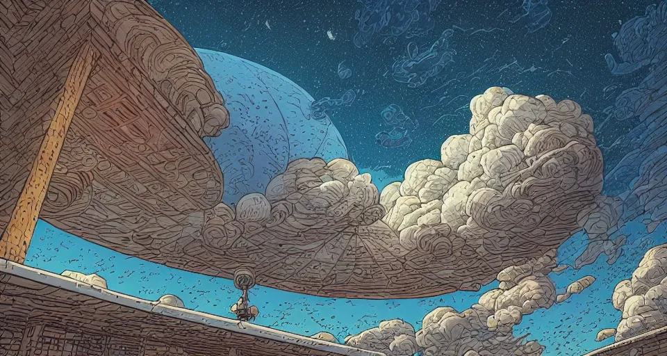 Image similar to an oval aesthetic build floating amongst the clouds. by dan mumford.