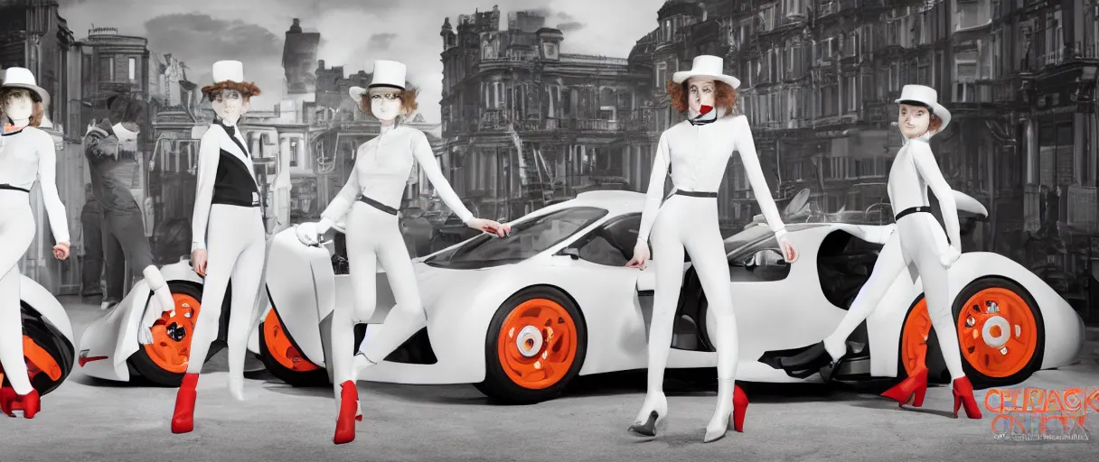 Prompt: a wide angle shot of a clockwork orange female droog gang, beautiful soft features, designed by artgerm and a red pininfarina sportscar in the background hdr, 8 k, hyperrealistic, volumetric lighting