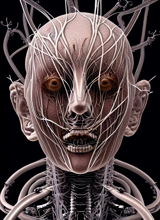 Image similar to portrait of neural nightmares by yoshitaka amano and HR Giger, detailed face face face face, facial structure, hd, 8k, very very very very electronic, biomechanical, biology, bio, neural machine, single subject, terror