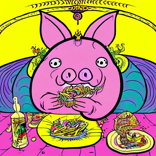 Image similar to trippy comic art of a pig wearing a gold crown eating snacks, drawn by Martin Rowson, Tim Burton, Studio Ghibli, Alex Pardee, Nekro Petros Afshar, James McDermott, colors by lisa frank, unstirred paint, vivid color, cgsociety 4K