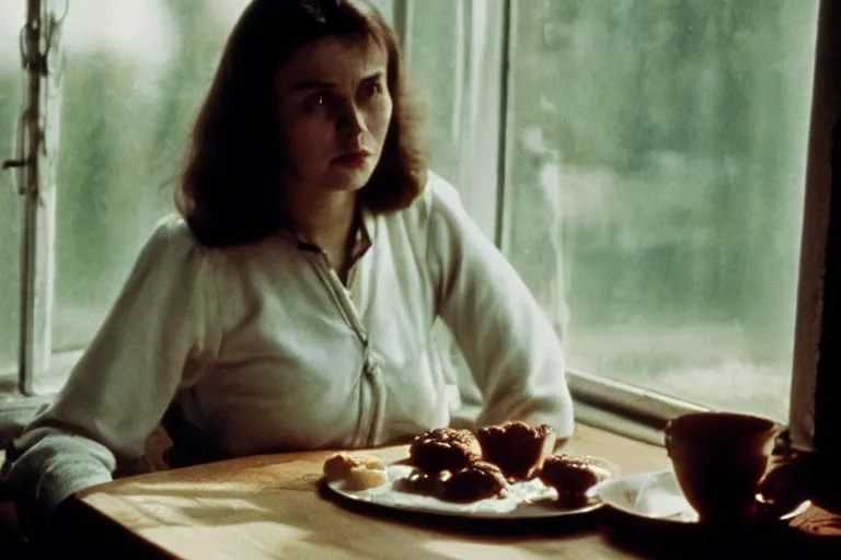 Image similar to soviet movie still a soviet woman sitting at a table next to the window with food, dark warm light, a character portrait by margarita terekhova, movie stalker solaris film still by andrei tarkovsky, 8 k, 1 9 8 4, close - up bokeh, gelios lens, color, noir