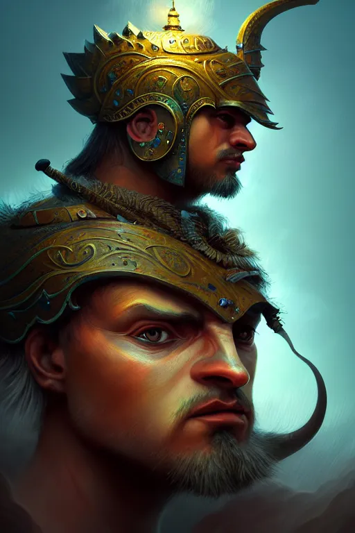 Image similar to gediminas pranckevicius jibaro hindu warrior, close - up portrait, fierce, intricate, elegant, volumetric lighting, scenery, digital painting, highly detailed, artstation, sharp focus, illustration, concept art,