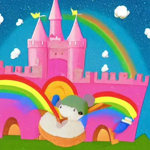 Prompt: small bird with a human head holding a piece of heavy cheese housing a mouse vomiting a rainbow, a big pink fluffy castle with slime canons in the background. small pilot princesses flying in space brownies attacking the fluffy castle