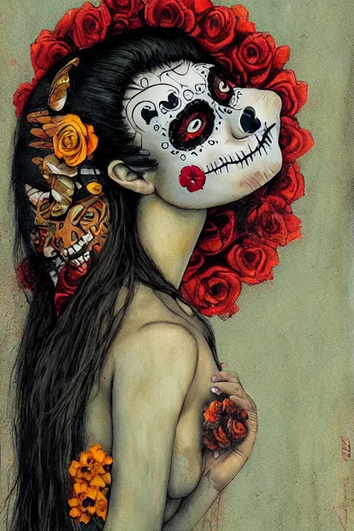 Prompt: Illustration of a day of the dead girl, art by Esao Andrews