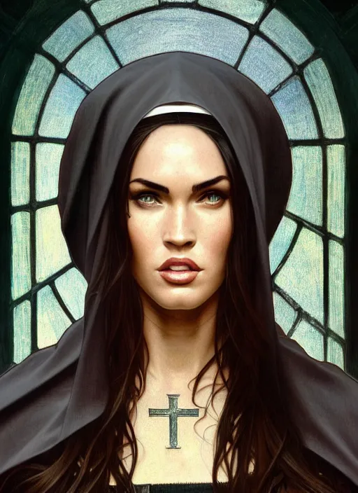 Image similar to portrait of megan fox as a sultry nun, catholic, church, bible, christian, intricate, headshot, highly detailed, digital painting, artstation, concept art, sharp focus, cinematic lighting, illustration, art by artgerm and greg rutkowski, alphonse mucha, cgsociety