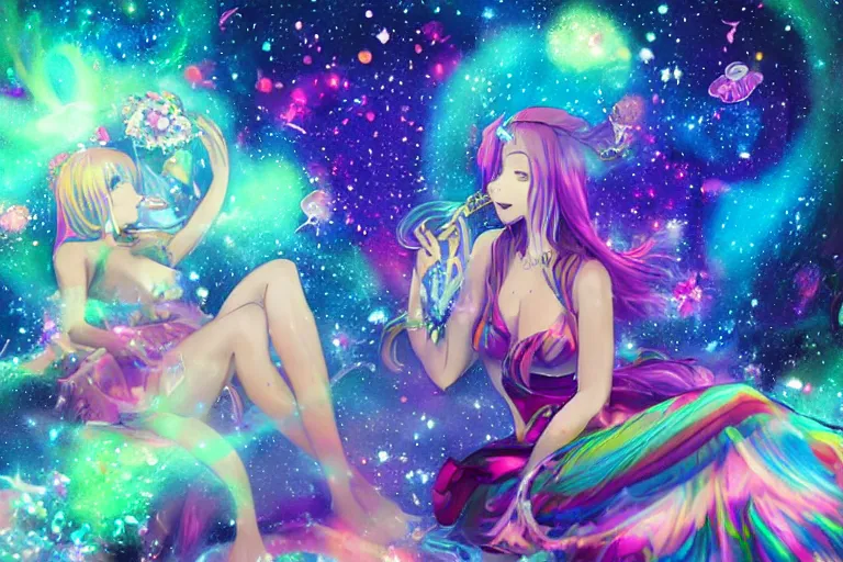 Prompt: psychedelic, whimsical, anime, 4k, beautiful lusty woman smoking a bong, with professional makeup, long trippy hair, a crystal and flower dress, sitting on a reflective pool, surrounded by gems, underneath the stars, rainbow fireflies, trending on patreon, deviantart, twitter, artstation, volumetric lighting, heavy contrast, art style of Greg Rutkowski and Miho Hirano