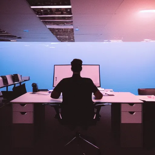 Image similar to photo of someone working at an office desk, underwater, cinematic