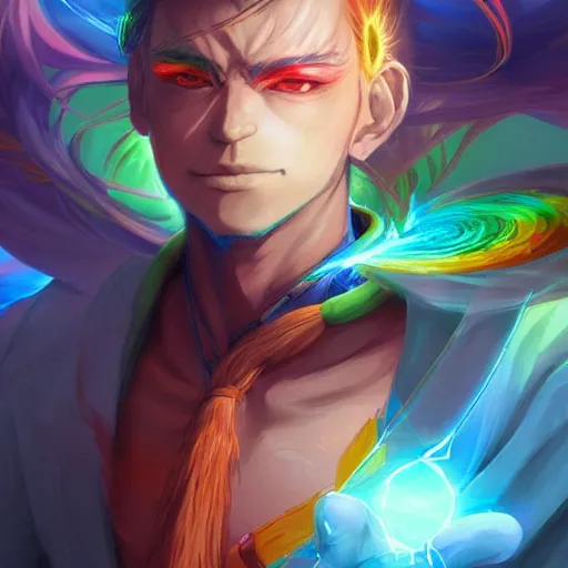 Image similar to anime portrait of a rainbow as a shaman yedi using dark force to eliminate trump as an anime antagonist by Stanley Artgerm Lau, WLOP, Rossdraws, James Jean, Andrei Riabovitchev, Marc Simonetti, and Sakimichan, trending on artstation