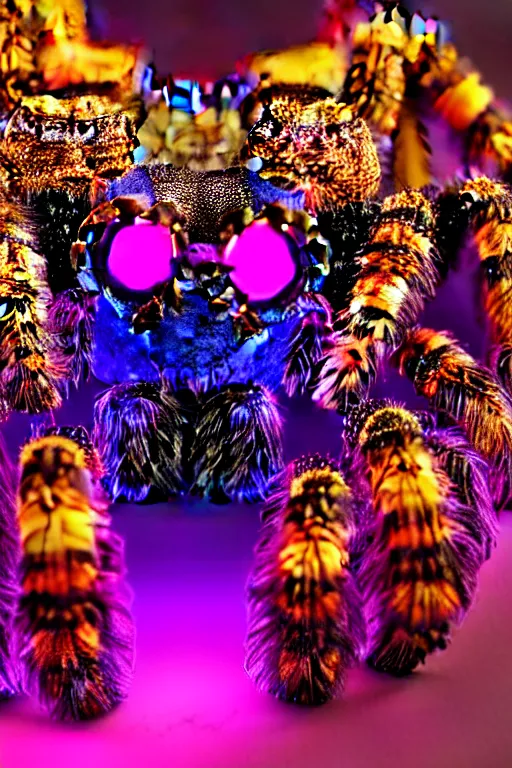 Prompt: high quality close-up photo gothic holographic tarantula! jewelled gorgeous! highly detailed david ligare elson peter cinematic purple neon lighting high quality low angle hd 8k sharp shallow depth of field