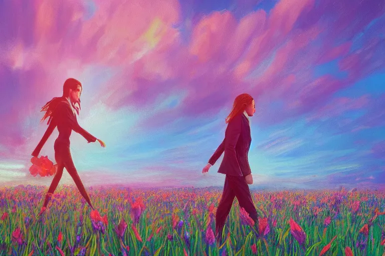 Image similar to closeup, giant gladiola flower head, girl in suit walking in field of flowers, surreal photography, sunrise, blue sky, dramatic light, impressionist painting, digital painting, artstation, simon stalenhag