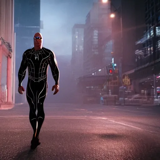 Image similar to dwayne johnson as a black and blue suit spider - man, cinematic, volumetric lighting, f 8 aperture, cinematic eastman 5 3 8 4 film, photorealistic