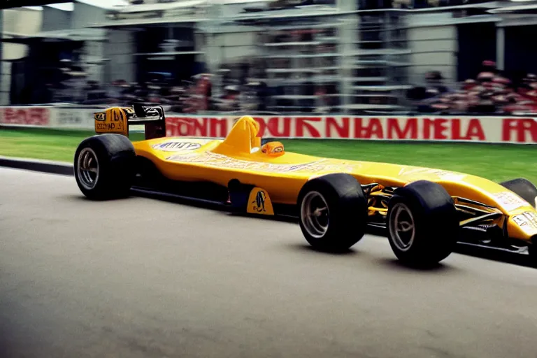 Image similar to a photograph of a formula one car sponsored by a banana company, wide angle lens, fujifilm, 24mm, fuji velvia, dramatic lighting