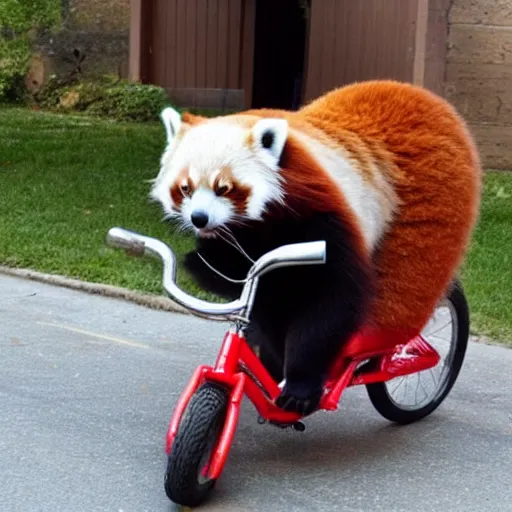 Prompt: A photo of a Red panda wearing a dress on a tricycle