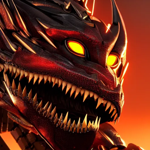 Image similar to a highly detailed close-up bust, of an awe-inspiring beautiful cute humanoid anthropomorphic robotic mecha female dragon, with smooth and streamlined armor, standing and posing elegantly in front of the camera, well detailed head with LED eyes, sharp teeth, two arms, digital art, artstation, DeviantArt, professional, octane render, sunset lighting