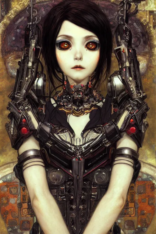 Prompt: portrait of beautiful young gothic anime maiden, cyberpunk, Warhammer, highly detailed, artstation, illustration, art by Gustav Klimt