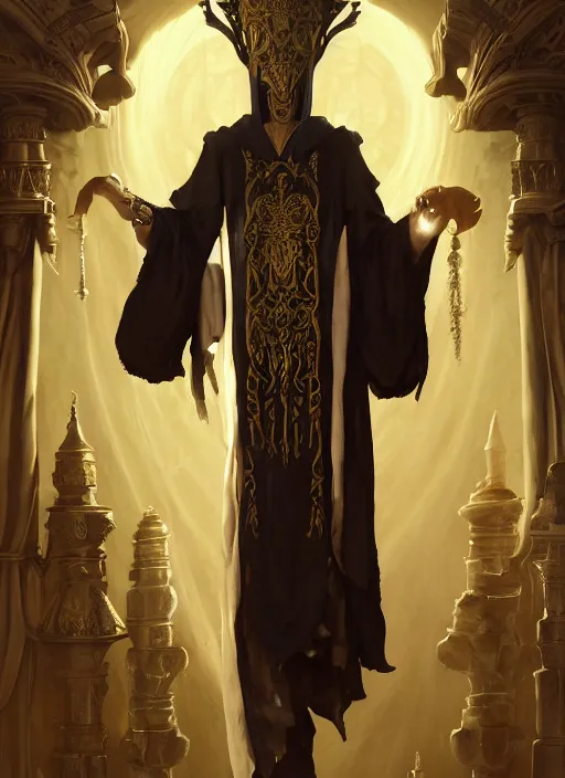 Image similar to slender high priest in a dark ornate robe, with a carved ivory mask, subsurface scattering, by jesper ejsing, justin gerard, tomasz alen kopera, cgsociety and fenghua zhong, highly detailed, rim light, cinematic lighting, illustration, art, octane render, very coherent, cinematic, high detail, octane render, 8 k