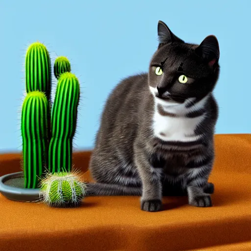 Image similar to A cat with a cactus, hyperrealistic 8K atmospheric render, very detailed